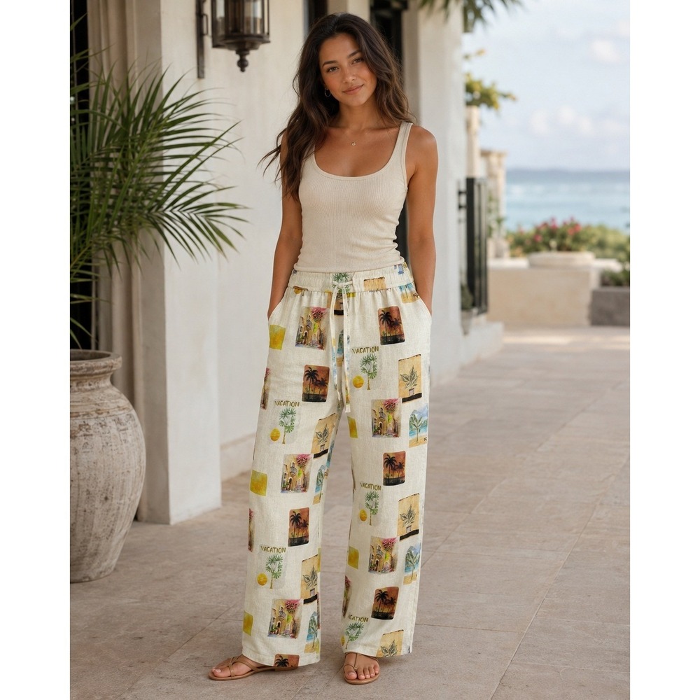 C&C California Small Linen Blend Vacation Print Wide Leg Pants Ivory Multi - Picture 1 of 13